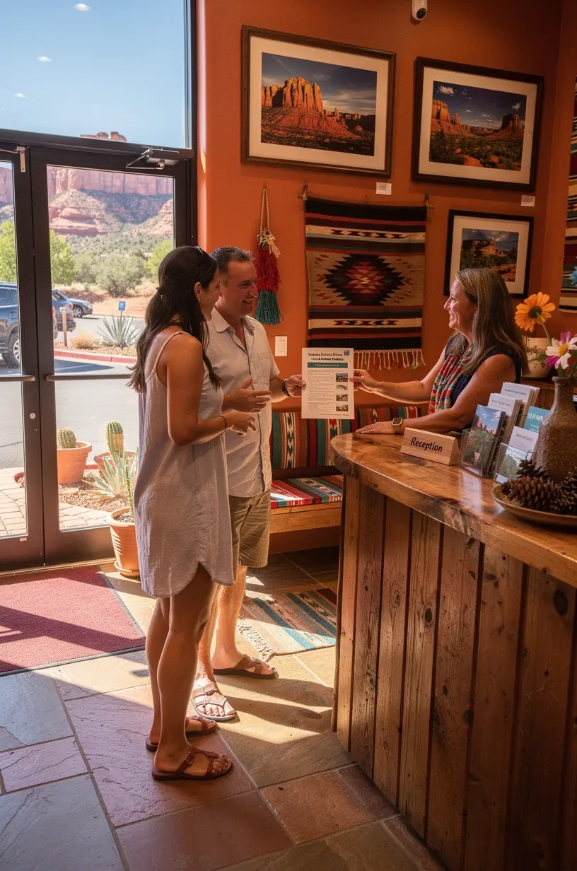 Консультант по туризму показывает клиентам офлайн-план путешествия с рекомендованными остановками и экскурсиями.